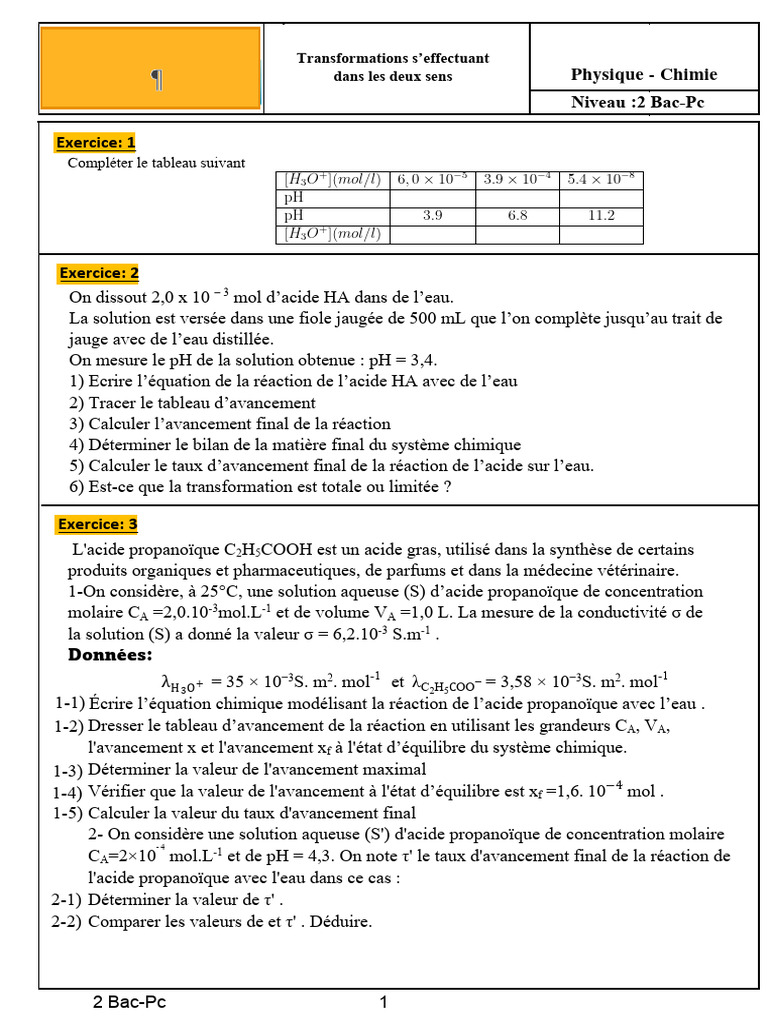 Exercice de chimie : pH et acides faibles | PDF | Acide | Concentration ...