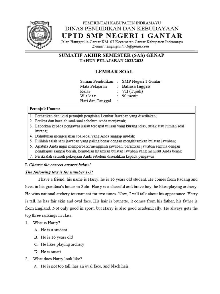 Soal Dan Kunci Jawaban SAS Bhs Inggris Kelas 7 | PDF