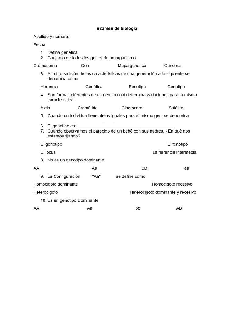 Examen De Biologia Genetica Pdf
