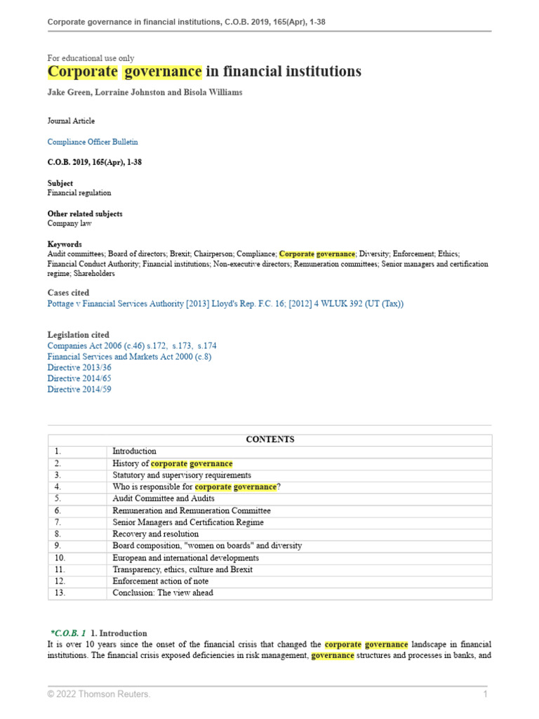 Corporate Governance in Financial Institutions | PDF | Corporate ...