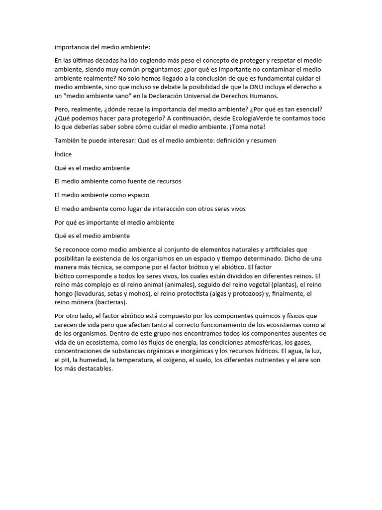 Importancia del Medio Ambiente y Su Cuidado | PDF | Entorno natural ...