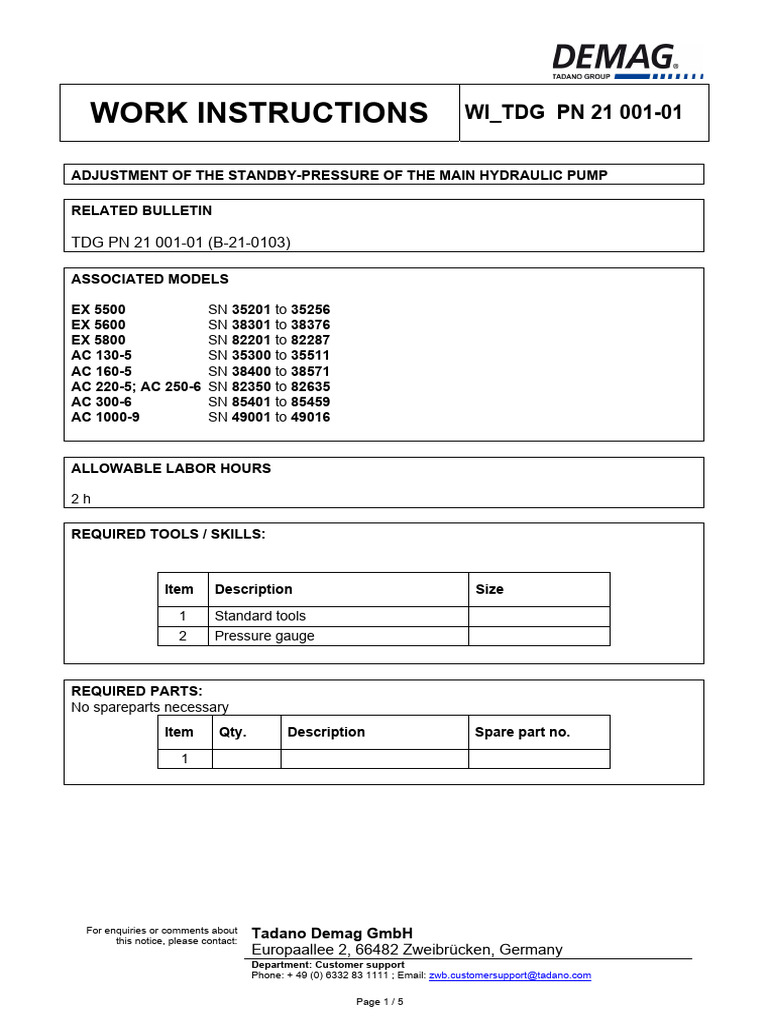 Tdg Wi Pn 21 001 01 B 21 0103 Adjustment Of The Standby Pressure Of