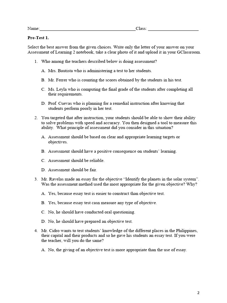 PRE-TEST 1. Assessment of Learning 2 | PDF | Educational Assessment ...