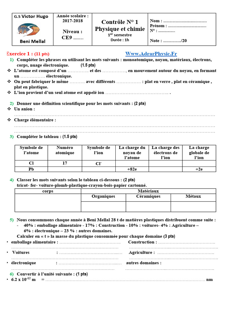 Contrôle de Physique 3AC Semestre 1 | PDF | Ion | Atomes