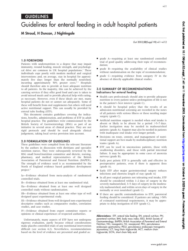 Guidelines of Enteral Nutrition in Hospital Patients GUT | PDF