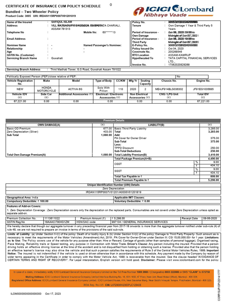 Two-Wheeler Insurance Policy Details | PDF