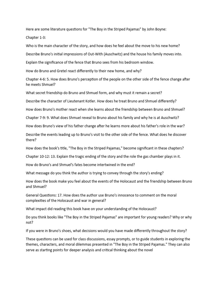 Boy in The Stripped Pyjamas Literature Questions | PDF | Human ...