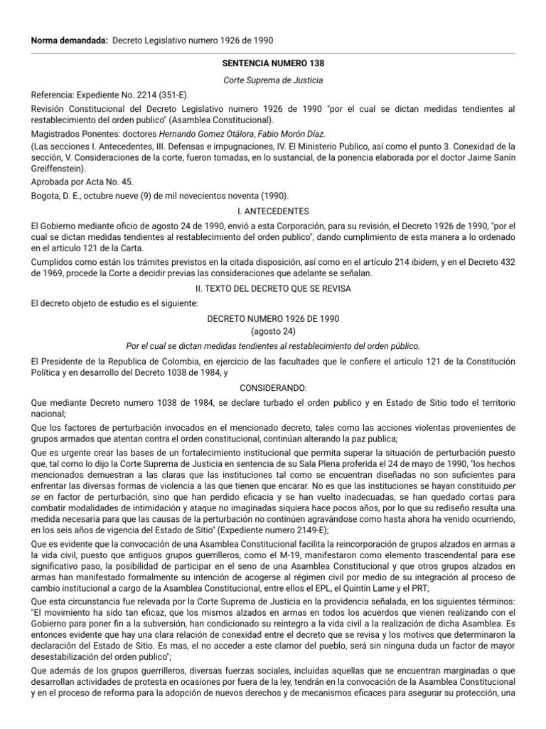 CORTE SUP. DE JUSTICIA - Sentencia 138 de 1990 - CONSTITUYENTE | PDF
