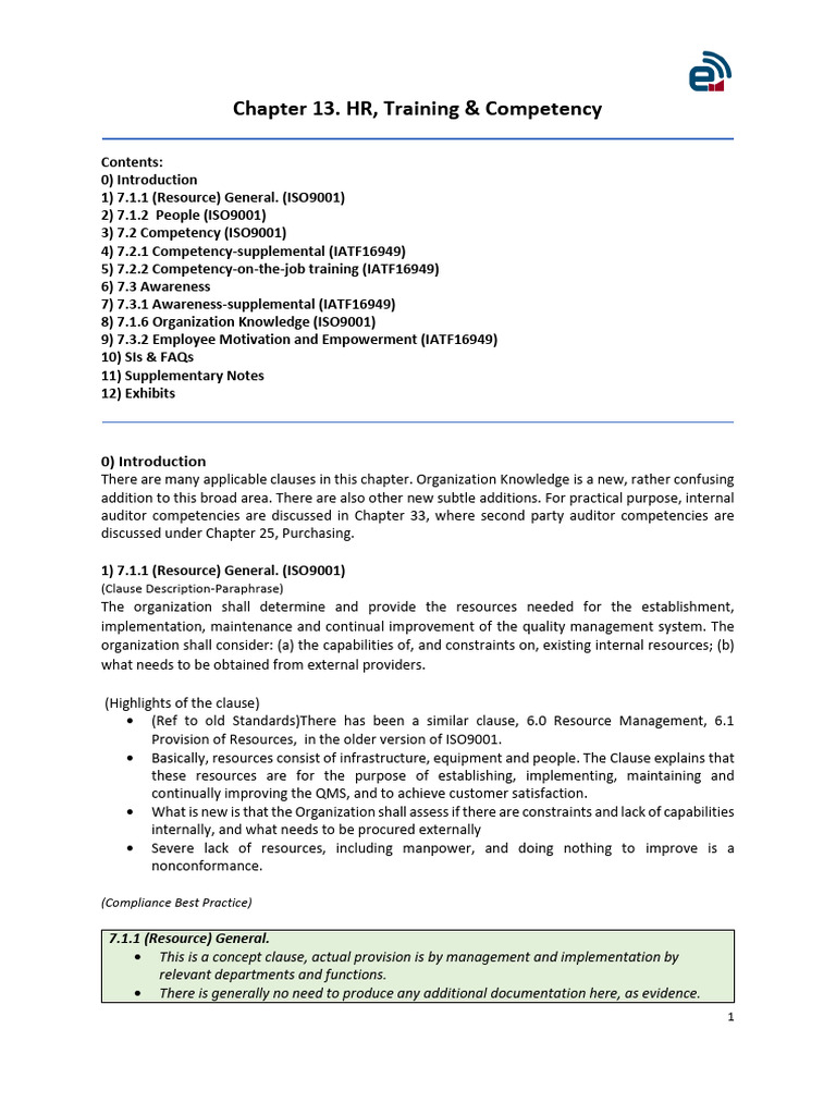 IATF16949+Chapter+13 +HR,+Training+&+Competency | PDF