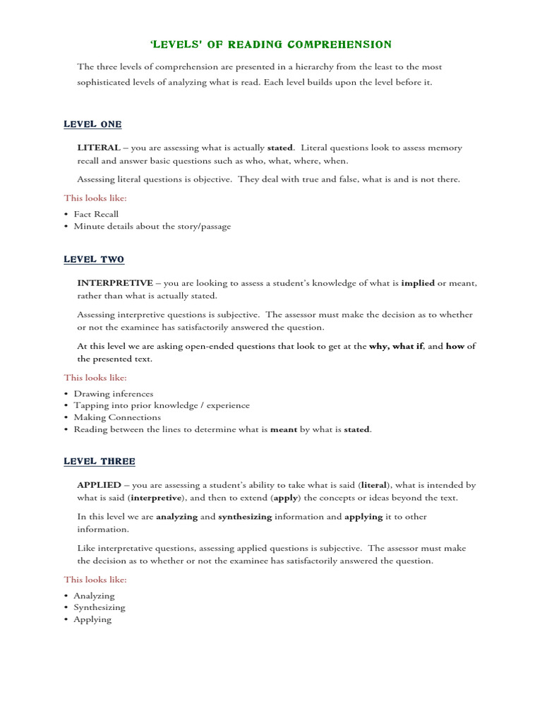 Levels of reading comprehension 2 2 pdf