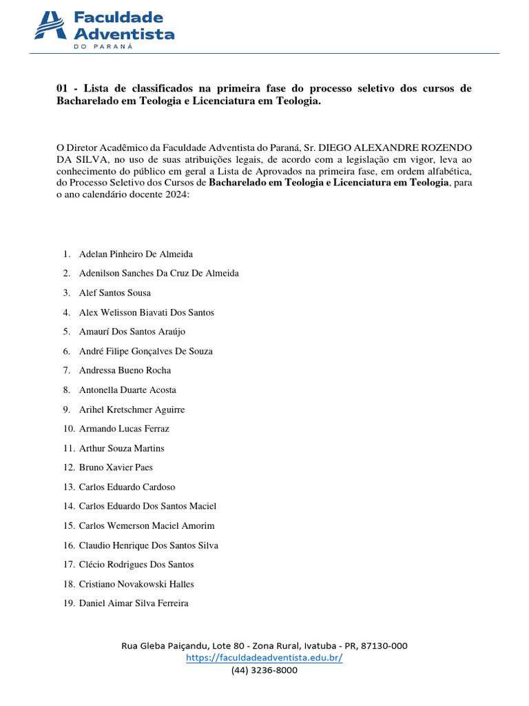 Lista de Classificados Na Primeira Fase 2025 PDF
