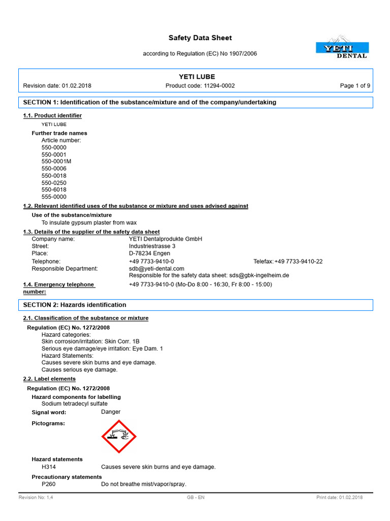 Safety Data Sheet SECTION 1 Identification of The Substance/mixture