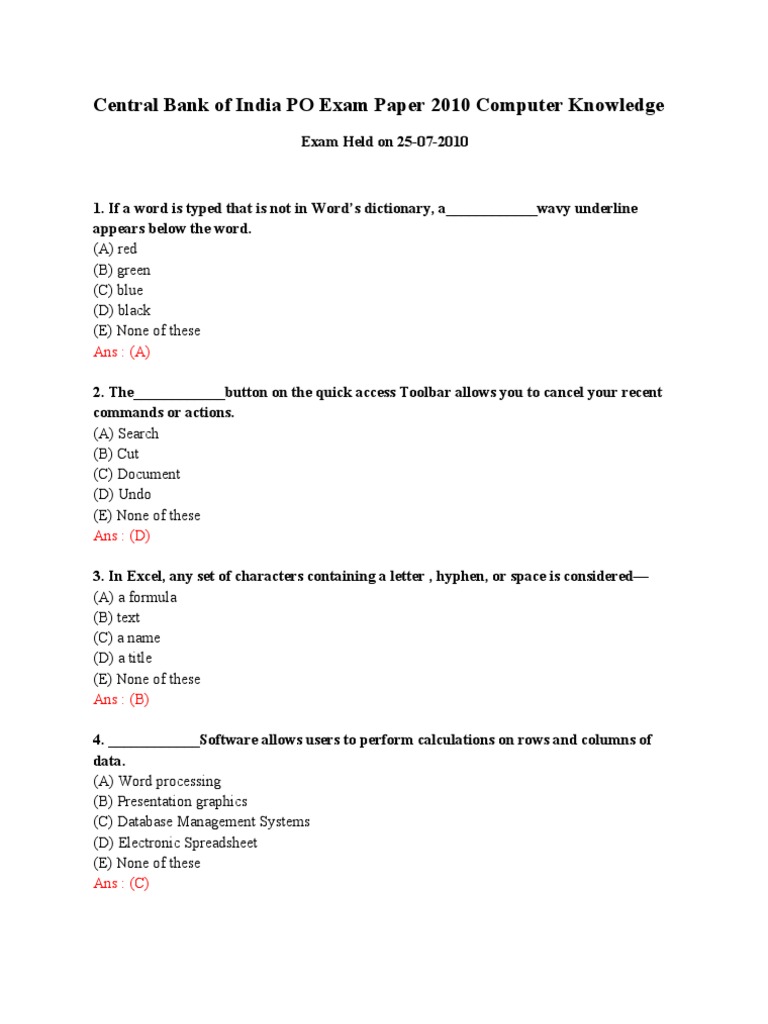 Central Bank of India PO Exam Paper 2010 Computer Knowledge | PDF ...