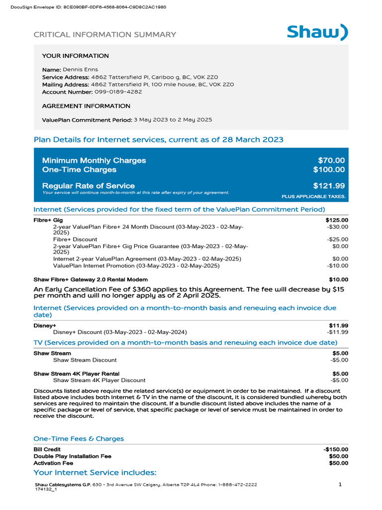 Shaw Agreement PDF Fee Renting