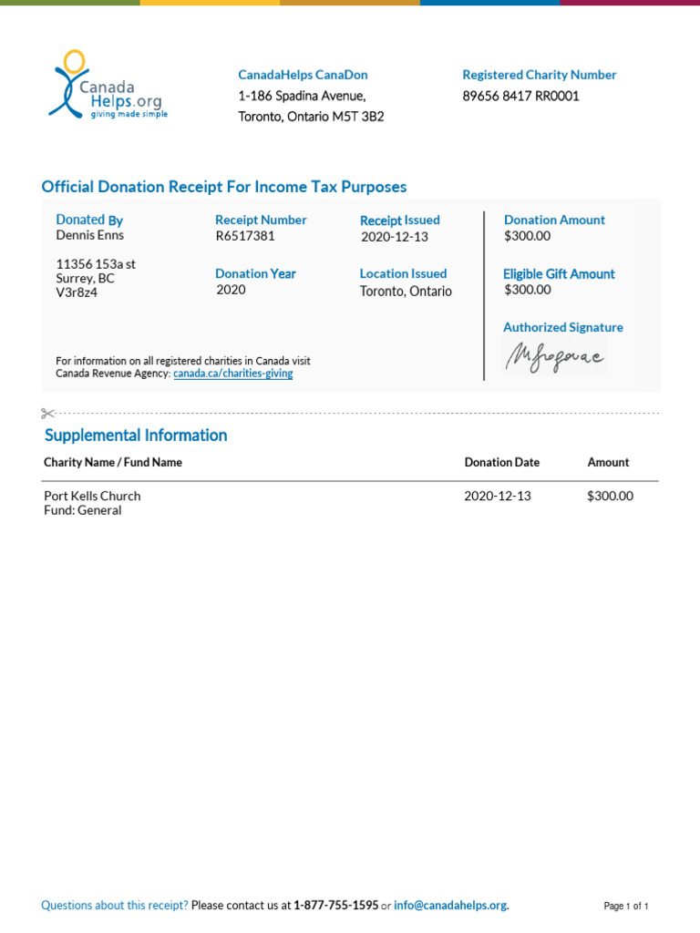 CanadaHelps Donation Receipt Template | PDF