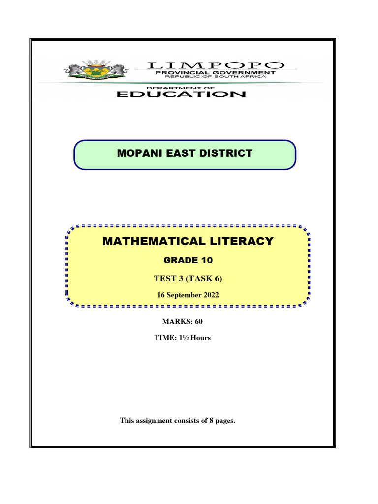 Grade 10 Maths Literacy Test 3 2022 | PDF | Area | Length