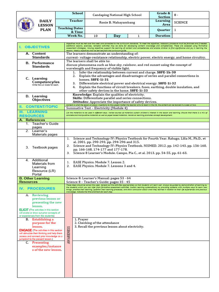 Grade 8 Science Lesson Plan: Electricity | PDF | Learning | Educational ...