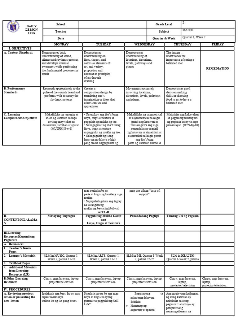 Grade 2 MAPEH Lesson Plan Week 7 | PDF
