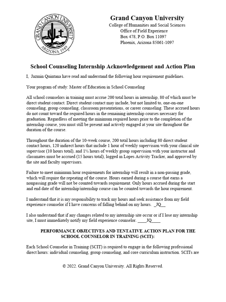 School Counseling Internship Acknowledgement and Action Plan PDF