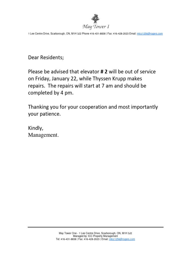 Elevator out of service 2021 pdf