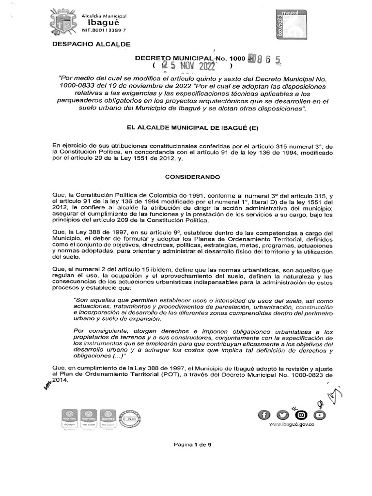 Decreto 0865 - 2022 Parqueaderos Modificado | PDF
