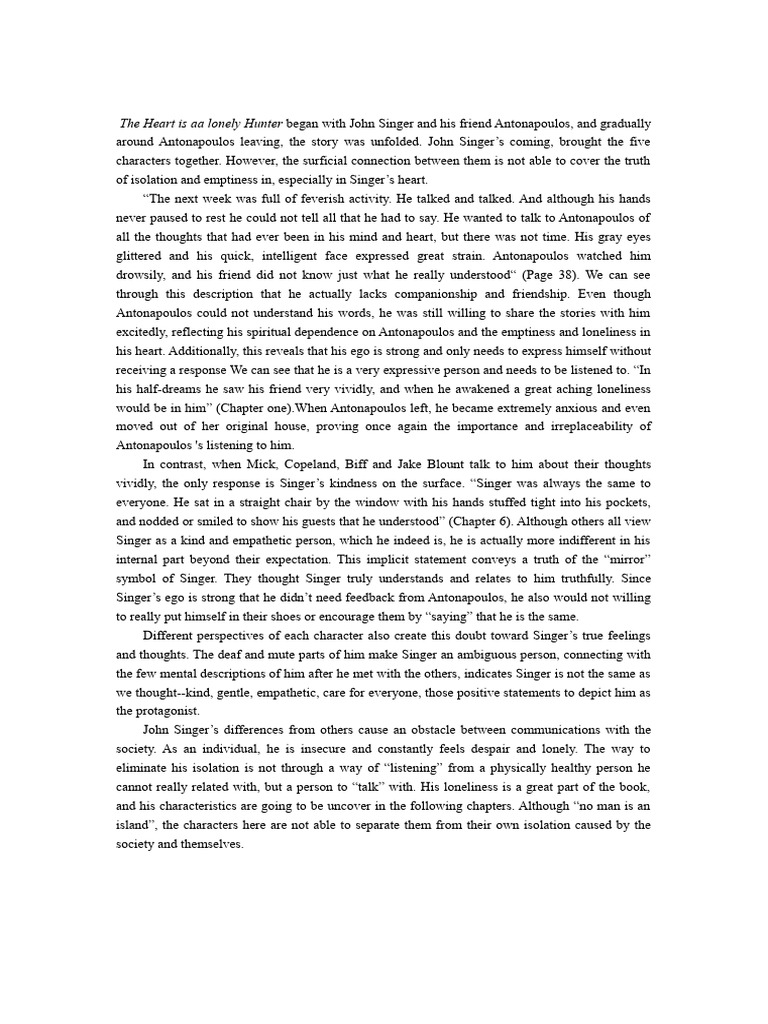 The Heart Is A Lonely Hunter Analysis Essay | PDF | Thought | Loneliness