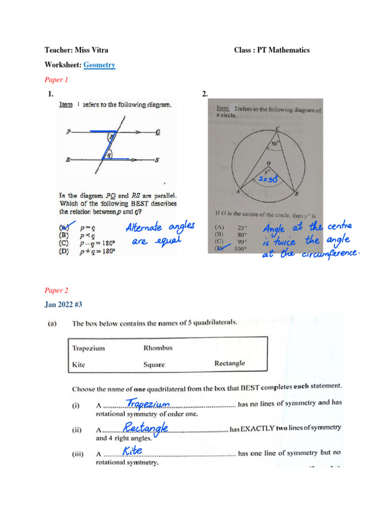 Worksheet 11 - Geometry (Solutions) | PDF