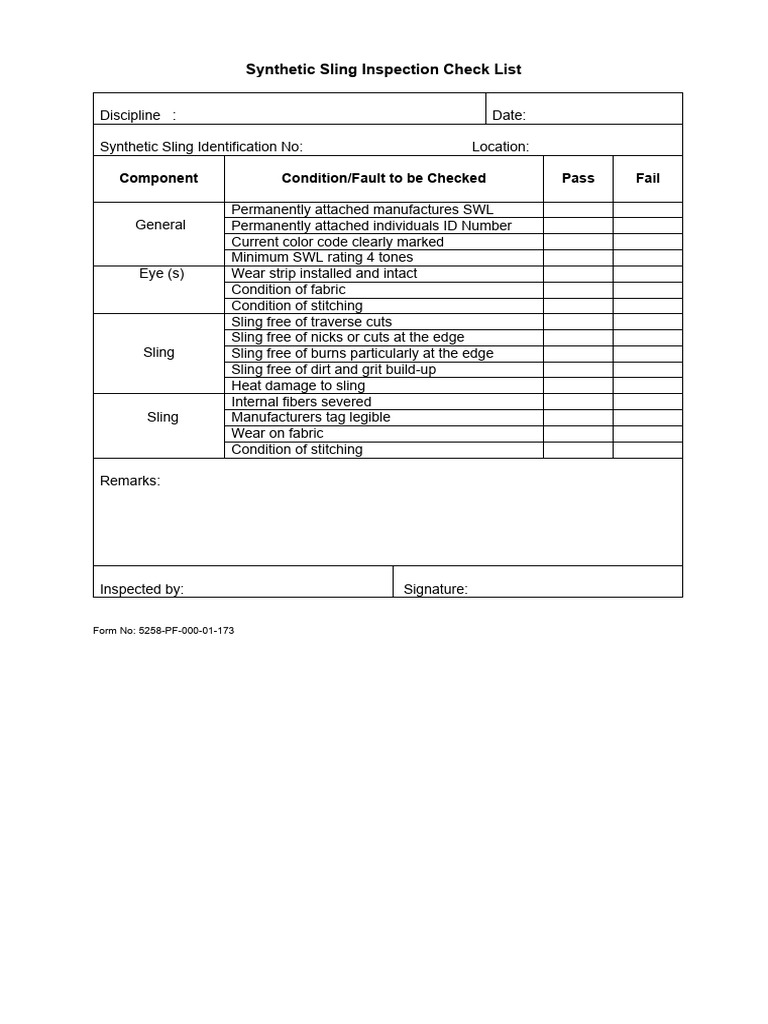 73bing Sling HSE Checklist Form PDF