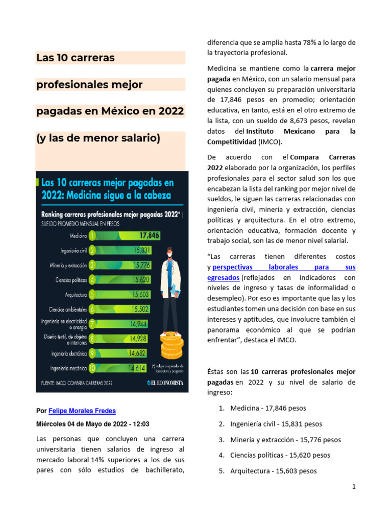 Las 10 Carreras Profesionales Mejor Pagadas en México en 2022 | PDF