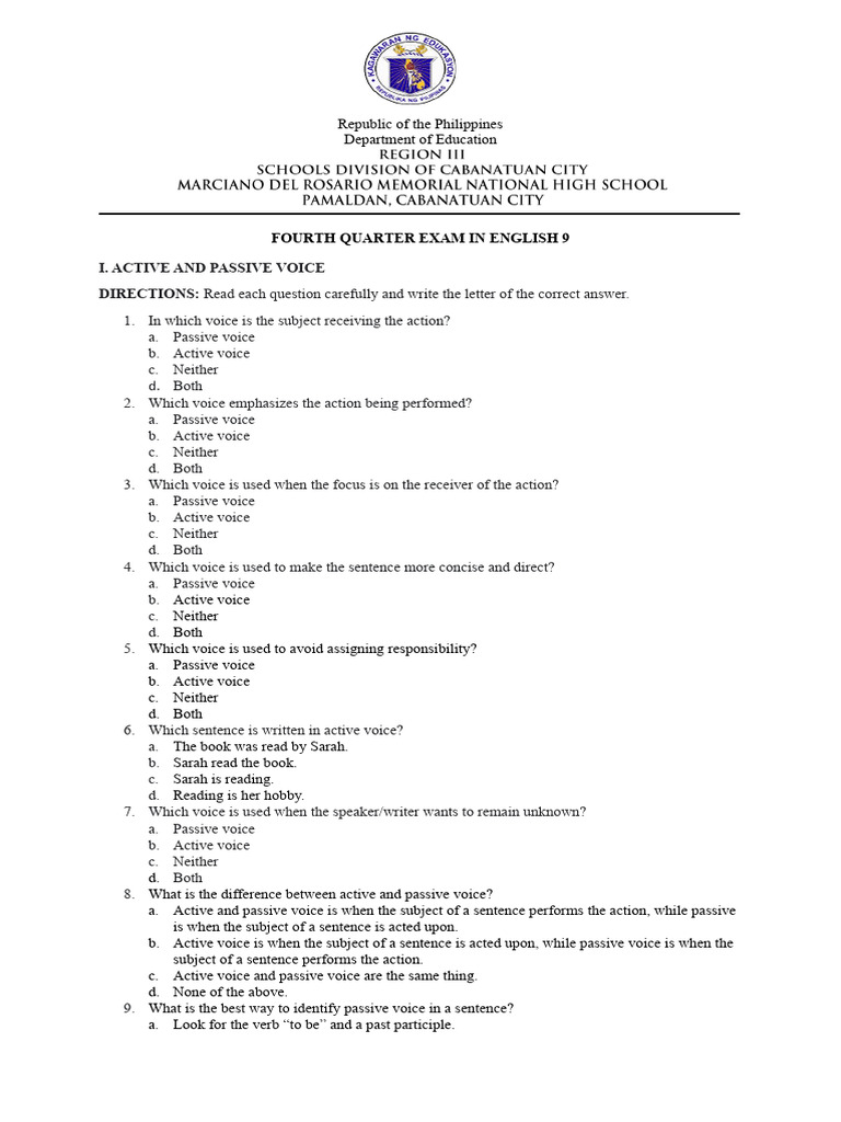English 9 Exam Voice Speech Concepts Pdf Evidence Verb