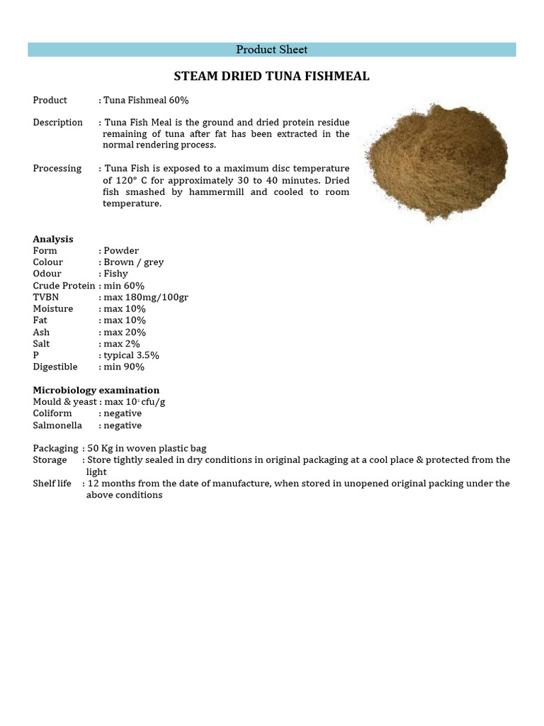 Tuna Fishmeal & Analog Product Sheet | PDF