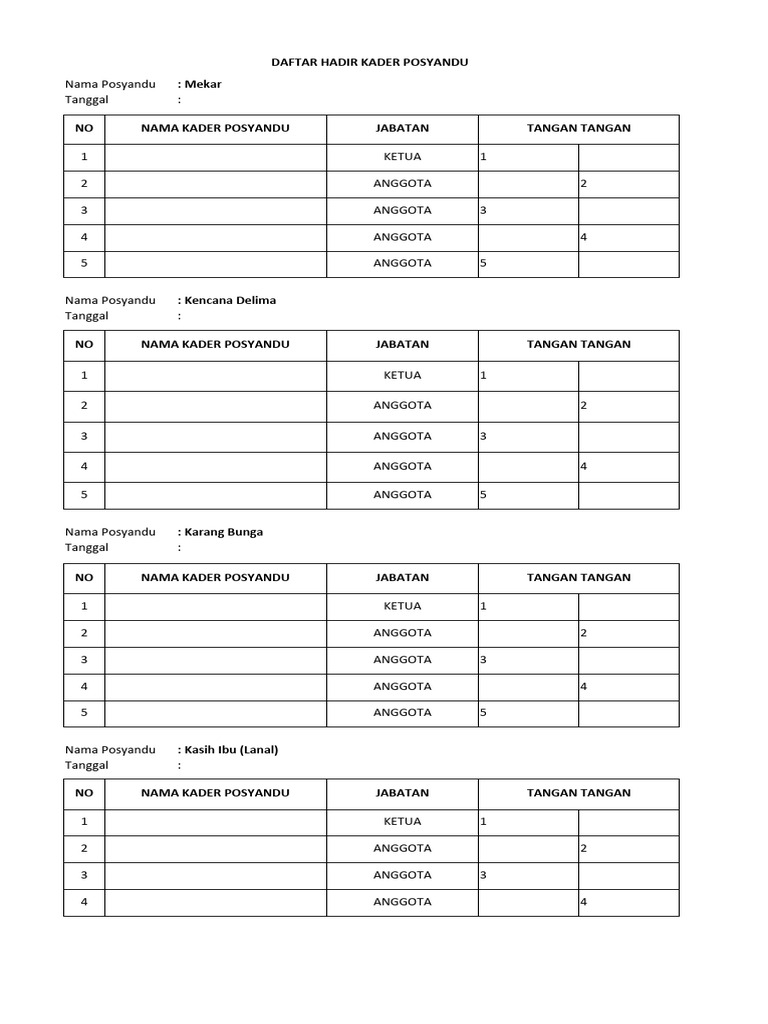 Daftar Hadir Kader Posyandu 2023 | PDF