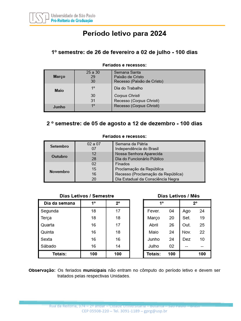 Calendário Usp 2024 PDF