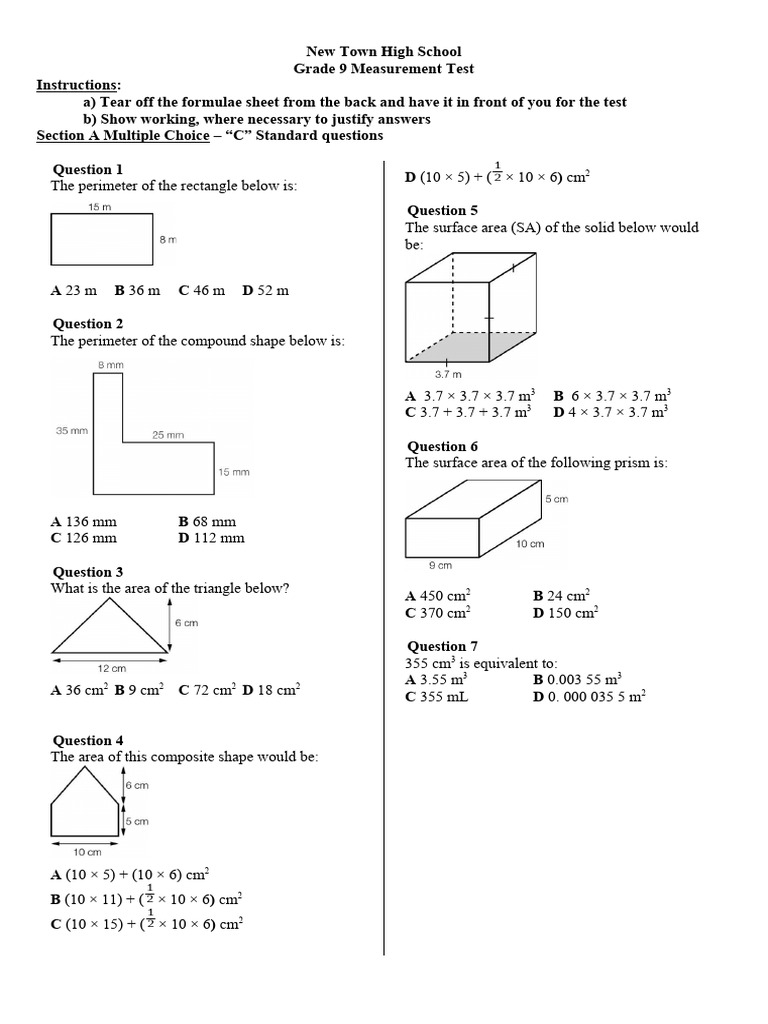 Grade 9 Measurement Test Overview | PDF | Area | Geometry