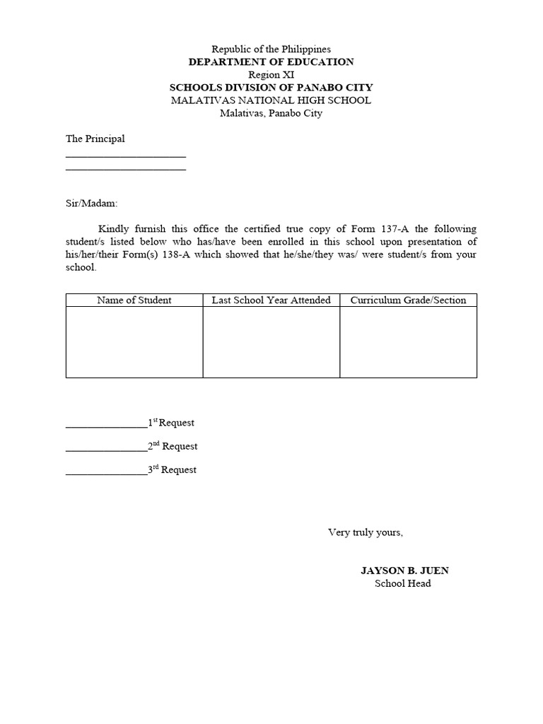 Request for Certified True Copy of Form 138 | PDF
