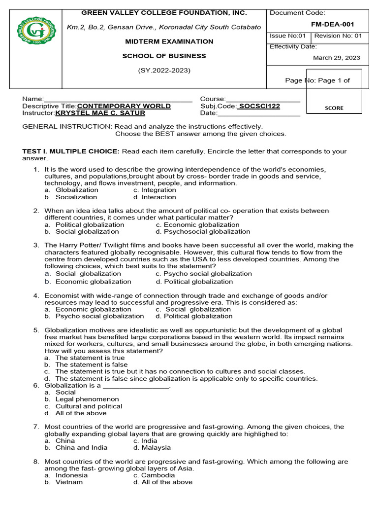 MIDTERM | PDF | Globalization | Market (Economics)