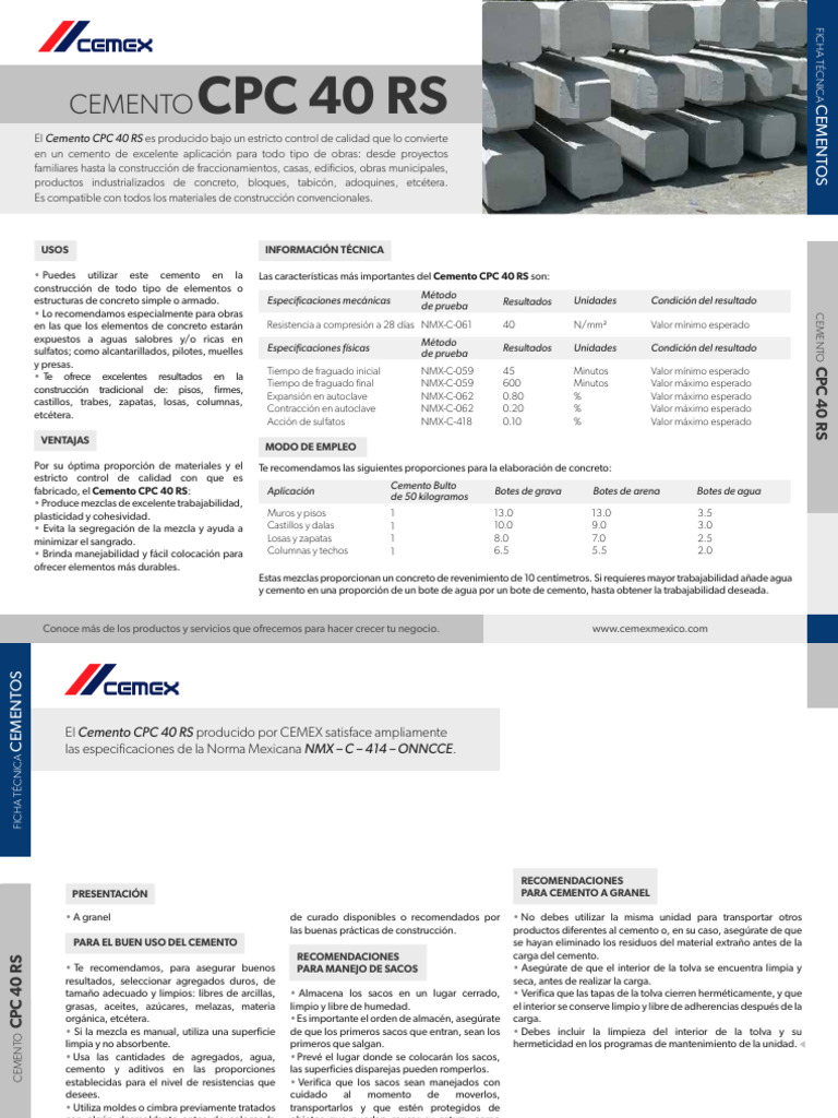 Cemento CPC 40 RS: Usos y Ventajas | PDF | Hormigón | Cemento