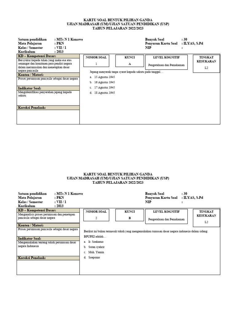 <p>Mari kita buat artikel tentang kumpulan soal PKn Kelas 7 Bab 3.</p>
<p>” title=”</p>
<p>Mari kita buat artikel tentang kumpulan soal PKn Kelas 7 Bab 3.</p>
<p>“></p>
<p>Untuk memastikan pemahaman siswa terhadap materi ini, diperlukan berbagai metode pembelajaran, salah satunya adalah melalui latihan soal. Kumpulan soal yang bervariasi dan relevan dapat membantu siswa menguji sejauh mana mereka menyerap materi, mengidentifikasi area yang masih perlu diperkuat, serta membiasakan diri dengan format pertanyaan yang mungkin muncul dalam evaluasi. Artikel ini akan menyajikan kumpulan soal PKn Kelas 7 Bab 3 yang mencakup berbagai tipe soal, disertai dengan penjelasan singkat yang diharapkan dapat memperkaya pemahaman siswa.</p>
<p><strong>Kerangka Artikel</strong></p>
<p>Artikel ini akan disusun dengan mengikuti kerangka sebagai berikut:</p>
<ol>
<li>
<p><strong>Pengantar:</strong></p>
<ul>
<li>Pentingnya PKn Kelas 7 Bab 3.</li>
<li>Tujuan pembelajaran materi hak dan kewajiban anak.</li>
<li>Peran latihan soal dalam penguasaan materi.</li>
</ul>
</li>
<li>
<p><strong>Tinjauan Materi Bab 3: Hak dan Kewajiban Anak:</strong></p>
<ul>
<li>Definisi hak anak.</li>
<li>Dasar hukum hak anak di Indonesia (UU Perlindungan Anak, Konvensi Hak Anak PBB).</li>
<li>Kategori hak anak (hak untuk hidup, tumbuh kembang, dilindungi, berpartisipasi).</li>
<li>Definisi kewajiban anak.</li>
<li>Kewajiban anak dalam keluarga, sekolah, dan masyarakat.</li>
<li>Hubungan timbal balik antara hak dan kewajiban.</li>
</ul>
</li>
<li>
<p><strong>Kumpulan Soal PKn Kelas 7 Bab 3:</strong></p>
<ul>
<li><strong>Soal Pilihan Ganda:</strong> Meliputi pemahaman konsep dasar, contoh hak dan kewajiban, serta dasar hukum.</li>
<li><strong>Soal Esai Singkat:</strong> Membutuhkan penjelasan konsep atau penerapan dalam situasi nyata.</li>
<li><strong>Soal Uraian/Diskusi:</strong> Mendorong analisis lebih dalam, perbandingan, atau pemecahan masalah.</li>
</ul>
</li>
<li>
<p><strong>Pembahasan Singkat Kunci Jawaban (untuk beberapa tipe soal):</strong></p>
<ul>
<li>Penjelasan singkat mengapa jawaban tertentu benar, membantu siswa memahami logika di baliknya.</li>
</ul>
</li>
<li>
<p><strong>Tips Belajar Efektif untuk Bab 3:</strong></p>
<ul>
<li>Strategi membaca materi.</li>
<li>Cara membuat catatan ringkas.</li>
<li>Pentingnya diskusi dengan teman atau guru.</li>
<li>Memanfaatkan contoh-contoh konkret.</li>
</ul>
</li>
<li>
<p><strong>Penutup:</strong></p>
<ul>
<li>Rangkuman pentingnya pemahaman hak dan kewajiban anak.</li>
<li>Dorongan untuk terus belajar dan mengaplikasikan pengetahuan.</li>
</ul>
</li>
</ol>
<p><strong>Tinjauan Materi Bab 3: Hak dan Kewajiban Anak</strong></p>
<p>Sebelum kita masuk ke dalam kumpulan soal, penting untuk menyegarkan kembali ingatan kita mengenai inti materi dari Bab 3 PKn Kelas 7 ini.</p>
<p><strong>Apa itu Hak Anak?</strong></p>
<p>Hak anak adalah segala sesuatu yang melekat pada diri seorang anak sejak dalam kandungan yang harus dilindungi, dijaga, dan dipenuhi agar dapat tumbuh dan berkembang secara optimal, baik secara fisik, mental, spiritual, maupun sosial, serta berhak mendapatkan perlindungan dari kekerasan dan diskriminasi. Hak anak bersifat universal, artinya berlaku untuk semua anak di seluruh dunia tanpa memandang suku, agama, ras, jenis kelamin, atau status sosial.</p>
<p>Di Indonesia, hak anak dilindungi oleh berbagai peraturan perundang-undangan, yang paling utama adalah <strong>Undang-Undang Nomor 35 Tahun 2014 tentang Perubahan atas Undang-Undang Nomor 23 Tahun 2002 tentang Perlindungan Anak</strong>. Selain itu, Indonesia juga meratifikasi <strong>Konvensi Hak Anak Perserikatan Bangsa-Bangsa (UN Convention on the Rights of the Child)</strong> melalui Keputusan Presiden Nomor 36 Tahun 1990.</p>
<p>Secara umum, hak anak dapat dikategorikan menjadi empat kelompok besar, yang sering disebut sebagai <strong>prinsip-prinsip dasar hak anak</strong>:</p>
<ol>
<li><strong>Hak untuk Hidup (Right to Survival):</strong> Ini mencakup hak untuk dilahirkan, mendapatkan nama, kewarganegaraan, serta hak untuk mendapatkan gizi yang cukup, pelayanan kesehatan, dan lingkungan hidup yang layak.</li>
<li><strong>Hak untuk Tumbuh Kembang (Right to Development):</strong> Meliputi hak atas pendidikan, hak untuk bermain dan berkreasi, hak untuk mendapatkan informasi, hak untuk mendapatkan lingkungan yang mendukung perkembangannya, serta hak untuk mendapatkan perawatan rohani dan jasmani.</li>
<li><strong>Hak untuk Dilindungi (Right to Protection):</strong> Ini adalah hak anak untuk dilindungi dari segala bentuk kekerasan, penelantaran, eksploitasi, perlakuan buruk, dan diskriminasi, baik yang dilakukan oleh orang tua, keluarga, maupun masyarakat. Termasuk di dalamnya adalah perlindungan dari penyalahgunaan narkotika, perlindungan dari pekerjaan berbahaya, dan perlindungan hukum.</li>
<li><strong>Hak untuk Berpartisipasi (Right to Participation):</strong> Hak anak untuk didengarkan pendapatnya dalam segala hal yang memengaruhi dirinya, sesuai dengan usia dan tingkat kedewasaannya. Ini termasuk hak untuk menyampaikan pendapat, hak untuk berserikat, dan hak untuk mendapatkan informasi.</li>
</ol>
<div style=