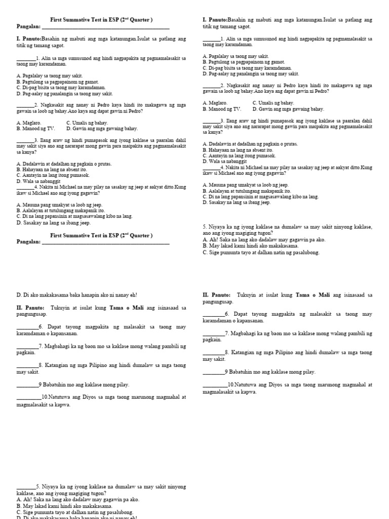 Quarter 1 Summative Test In Esp Pdf