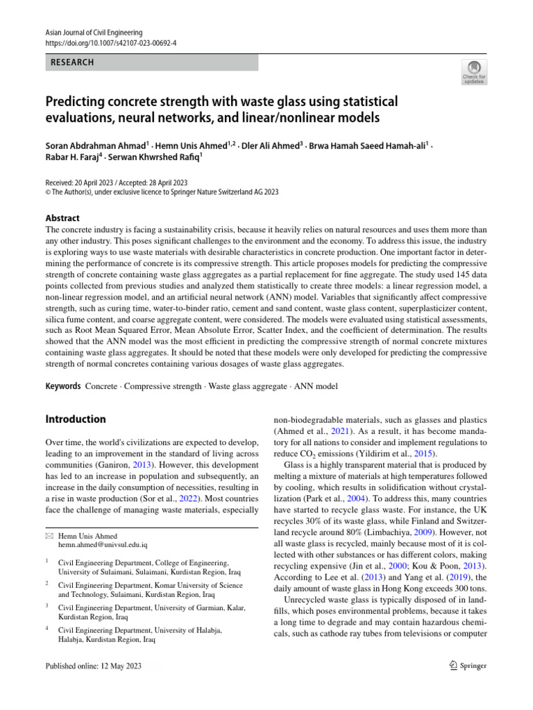 Predicting concrete strength with waste glass using statistical