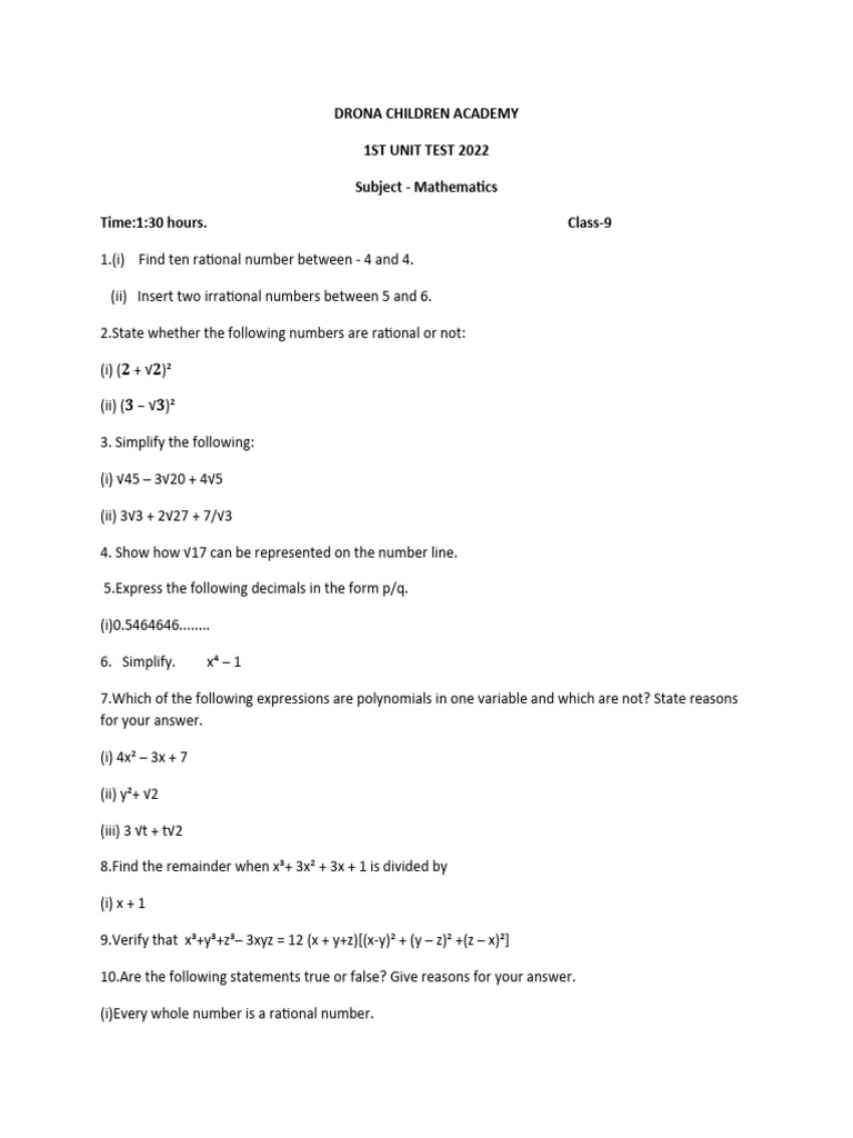 Class 9 Unit Test PDF