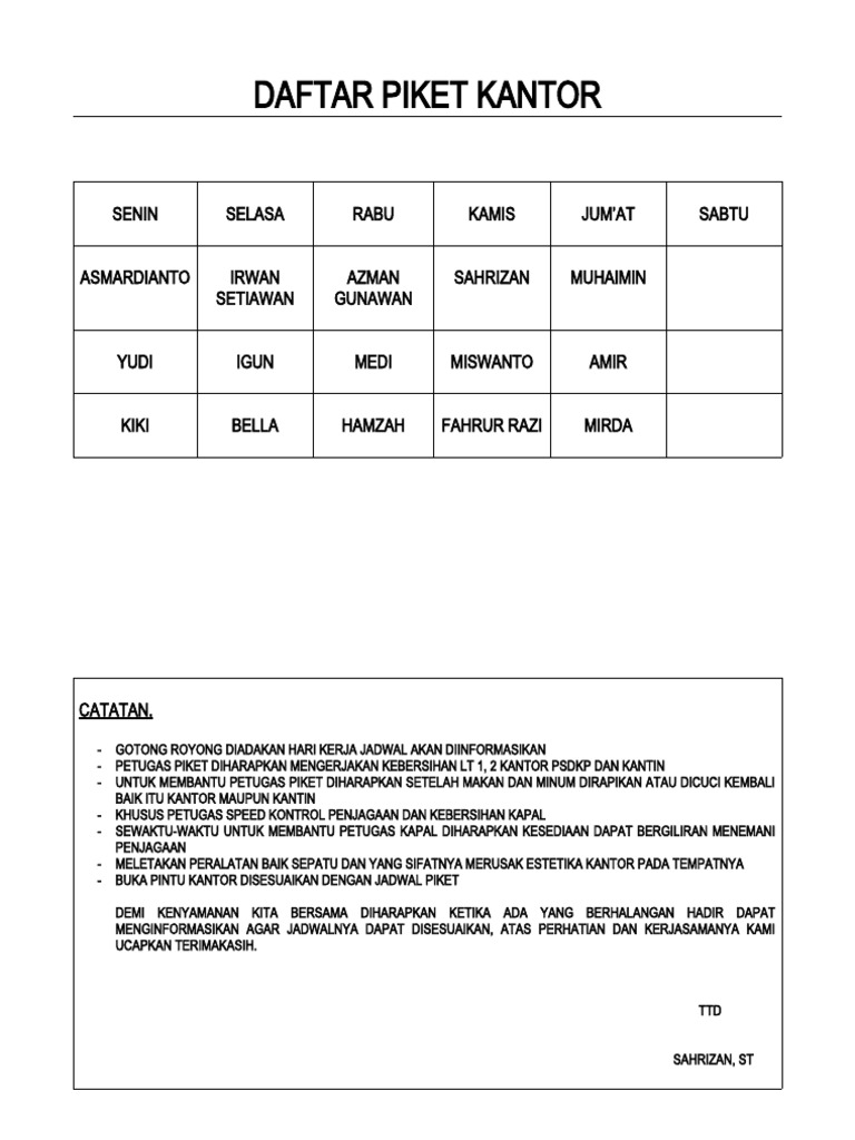 Daftar Piket Kantor | PDF