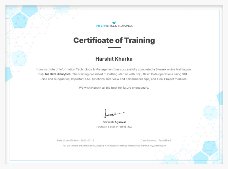 SQL For Data Analytics Training - Certificate of Completion | PDF