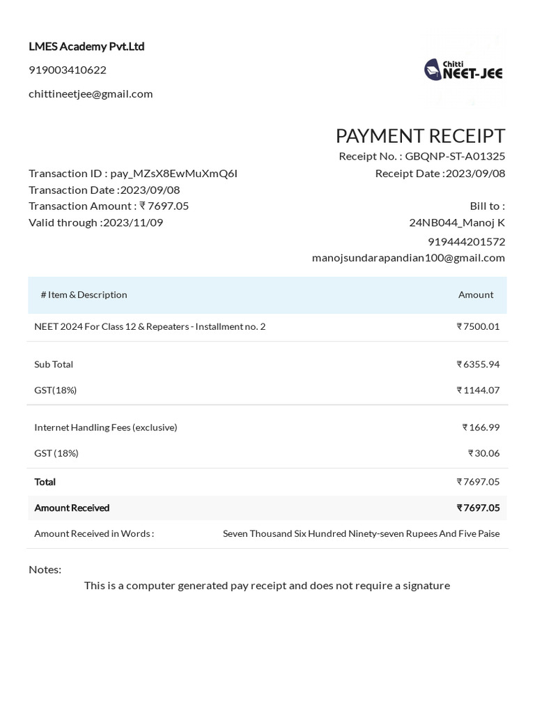 NEET 2024 Payment Receipt Details | PDF