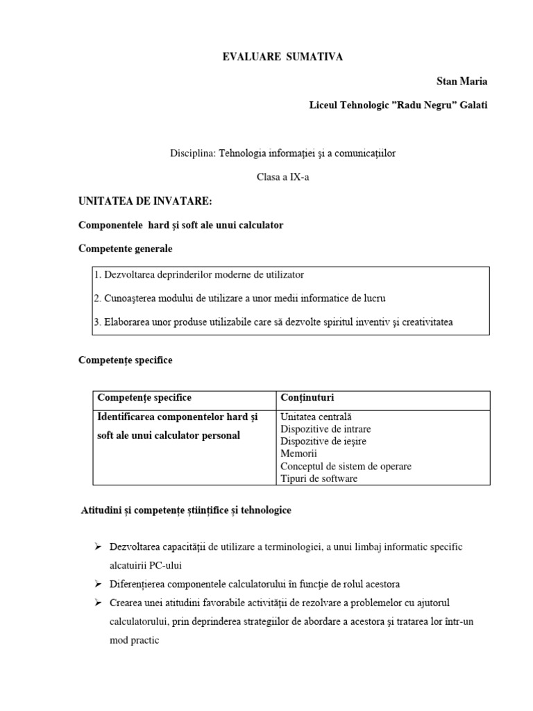 Evaluare Sumativa Clasa A Ix A Tic | PDF