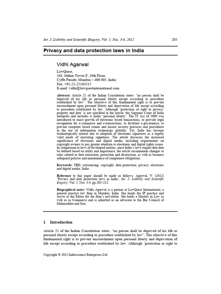 Privacy and Data Protection Laws in India: Vidhi Agarwal | PDF ...