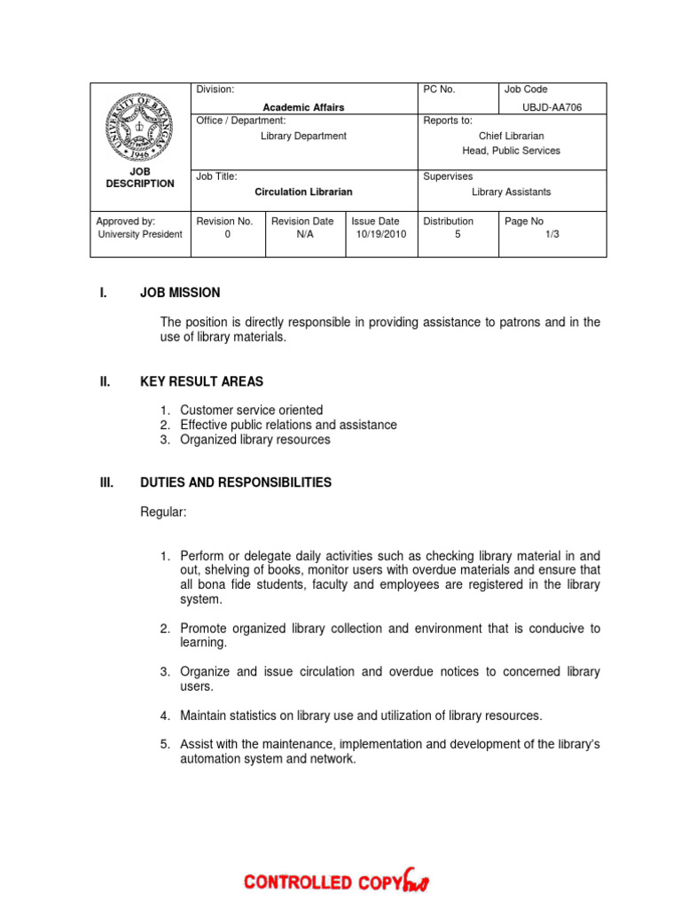 Library Circulation Supervisor Job Description | PDF | Libraries ...