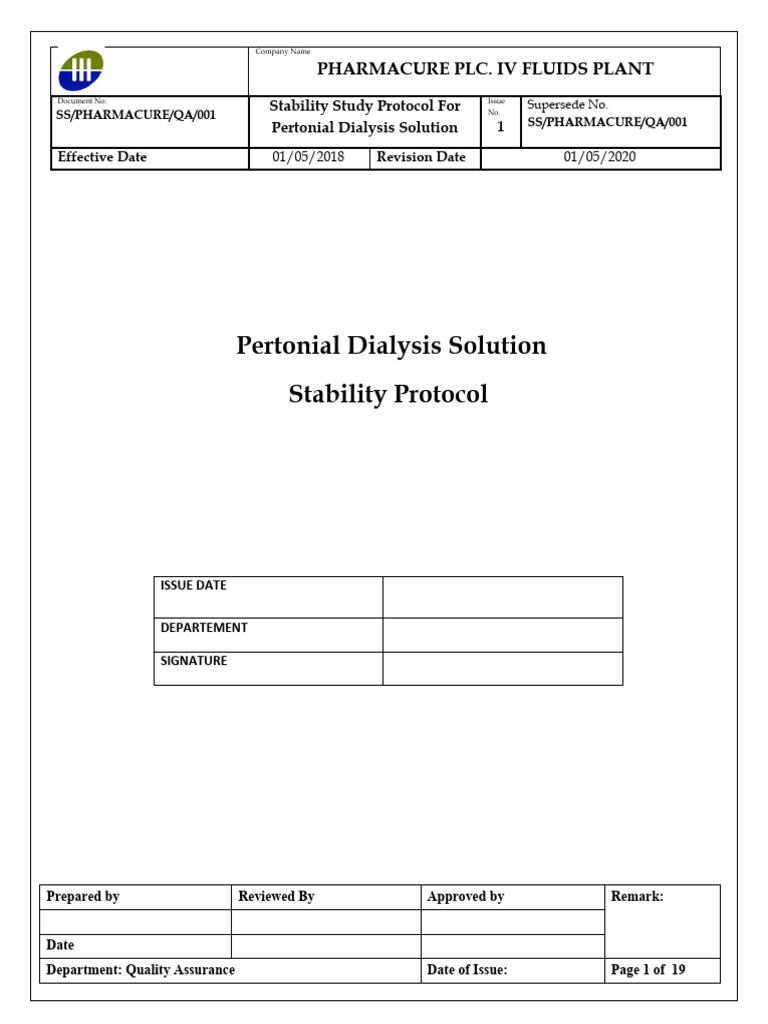 Stability Study Protocol For Peritoneal Dialysis PDF