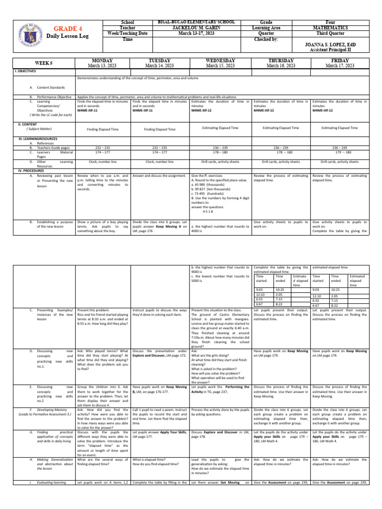 Grade 4 Math DLL: Week 5 Elapsed Time | PDF | Differentiated ...
