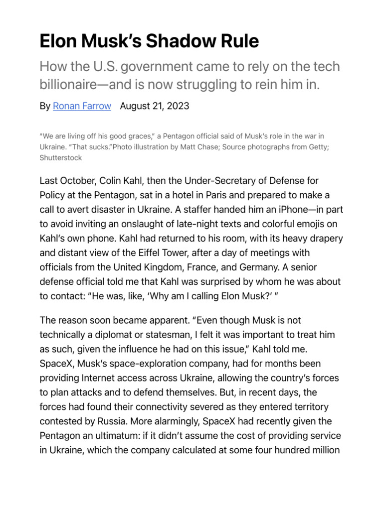Elon Musk's Shadow Rule - The New Yorker | PDF | Space X | Federal